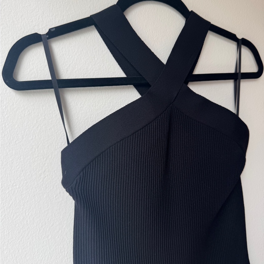 Babaton Black Ribbed Cross Neck Cocktail Dress